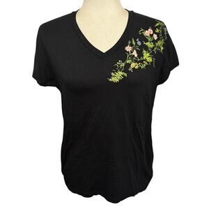 Uniqlo x Studio Sanderson Flowers Art Tee Shirt Black V-Neck Size Medium